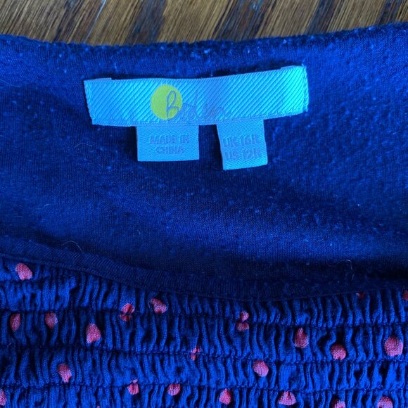 BODEN Lena Dress sz 12 Navy & Red Polka Dot Smocked Bodice Long Sleeve Knit - Picture 3 of 7